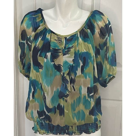 AGB Bouse + Cami Size PL Sheer Multi Colored Short Sleeve Ruffle - Picture 1 of 8